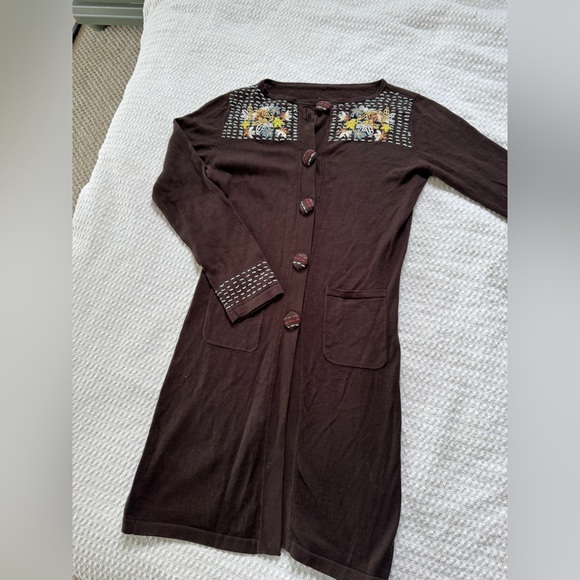 Vintage Brown Floral Embroidered Long line Cardigan xs - Picture 7 of 12